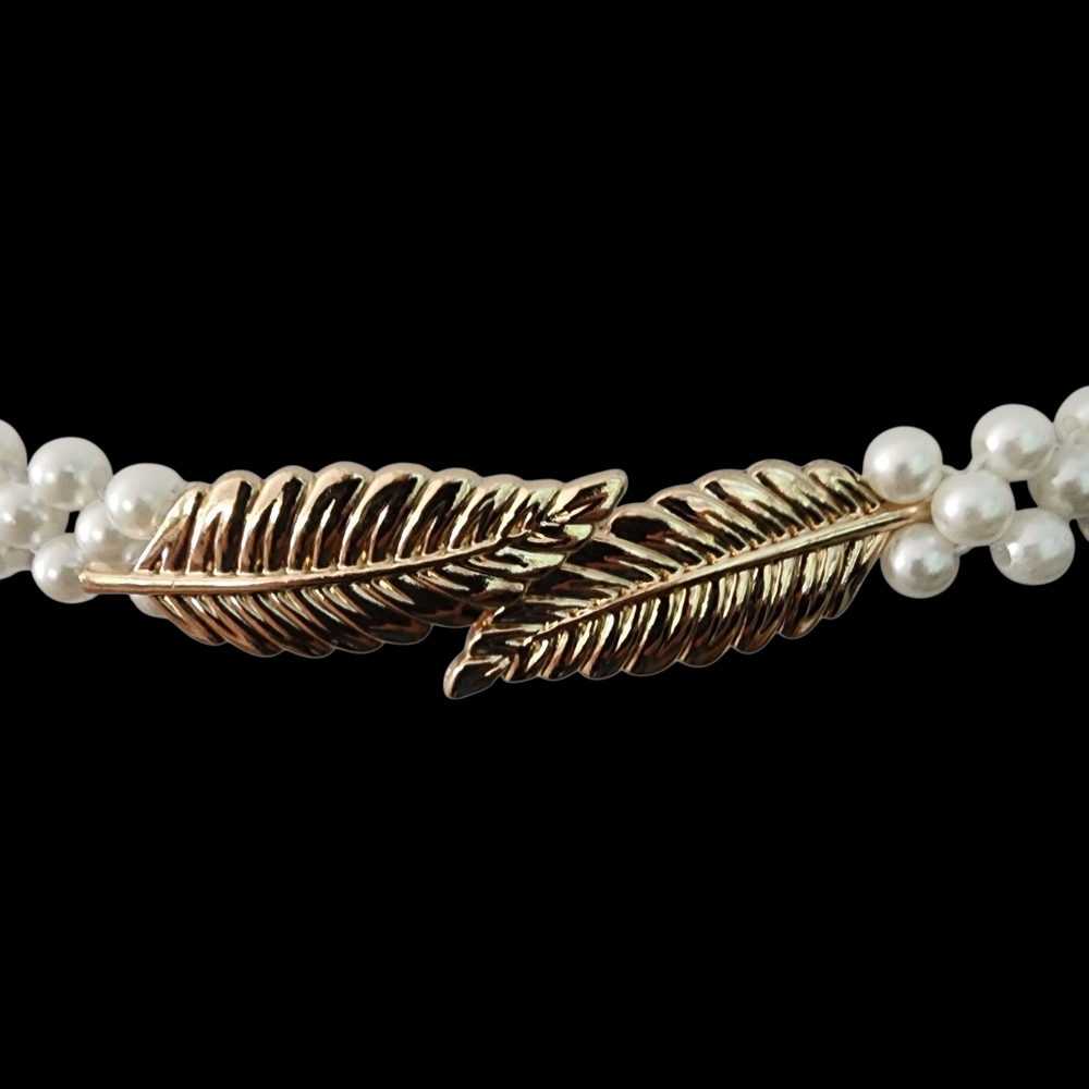 Y2K pearl belt gold leaf buckle white pearl beads vintage elastic expandable - Picture 8 of 14